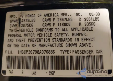 2008 Honda Accord 3.5 Ex z USA, uszkodzony, nr VIN 1HGCP36798A076886